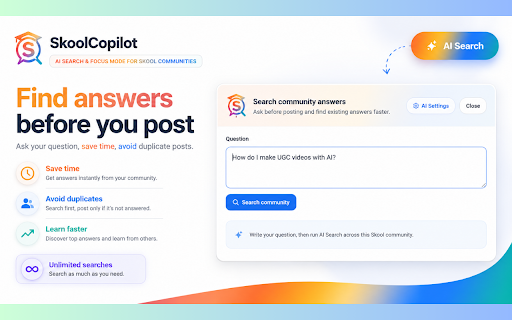 SkoolCopilot :: SkoolCopilot helps you find answers across Skool communities with AI search and stay focused with distraction-free learning mode.