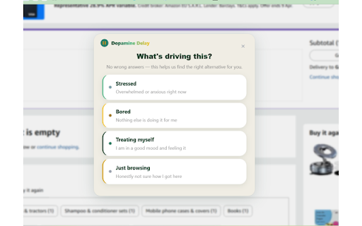 Pause Before Purchase – Dopamine Delay :: Pause impulse purchases, earn points, and sync your progress to the cloud.