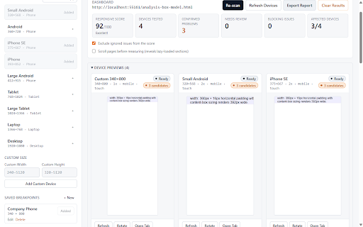 ViewPortIQ :: Multi-device responsive testing with verified issues, causes, validated CSS fixes and a responsive score — all local, no servers.