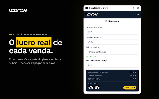 LogNow — Calculadora de Lucro :: Calcule o lucro real de uma venda (taxas, comissões e portes LogNow) sem sair da página onde está.