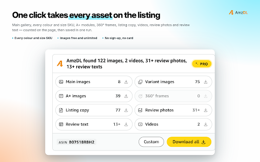 Amazon Product Image & Video Downloader, Review Exporter - AmzDL :: Bulk download images and videos from Amazon product pages: gallery, variations, A+. Save buyer photos, export reviews to CSV/Excel.