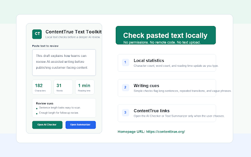 ContentTrue Text Toolkit :: Analyze pasted text locally for length, reading time, and review cues, with quick access to ContentTrue tools.