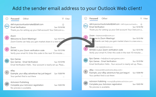 Add Sender Email Address to Outlook :: Displays the sender email addresses of the mail in your Inbox, Deleted, Archive, and Junk folders in Outlook Web.