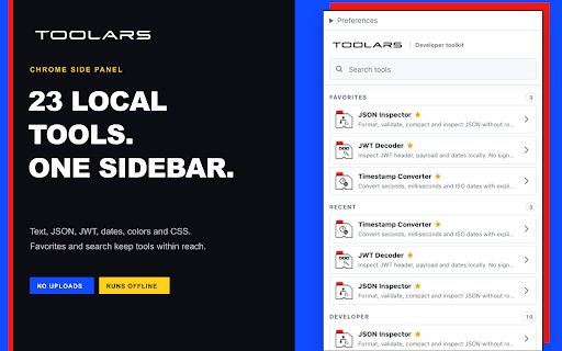 Toolars Developer Toolkit :: A private side-panel toolkit for developers: convert, inspect, encode and generate text, colors and more. Offline, no account.