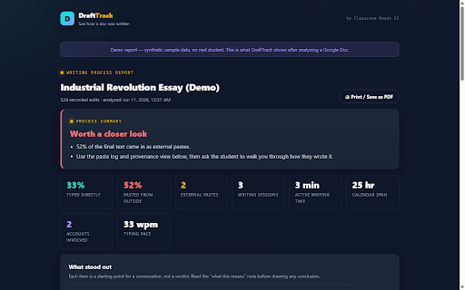 DraftTrack — See How a Doc Was Written :: See how a Google Doc was written: writing timeline, flagged pastes, and typed-vs-pasted view. By Classroom Ready AI.