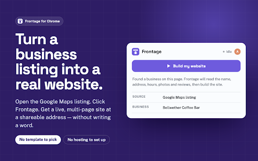 Frontage — your website in one click :: Turn any business page into a finished, live website in a single click.