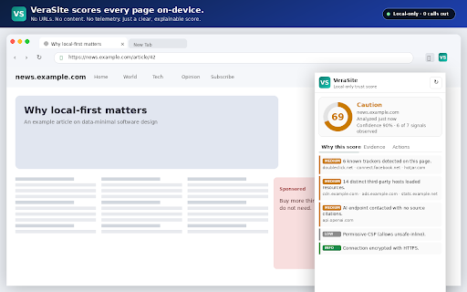 VeraSite :: Privacy-first, local-only trust scoring for websites and Chrome extensions. Analysis runs entirely on-device.