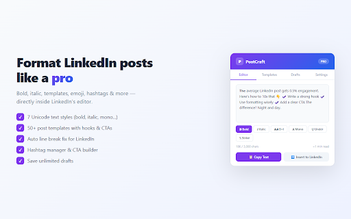 PostCraft — LinkedIn Post Formatter :: Format LinkedIn posts with bold, italic, line breaks, templates & more. Make every post stand out.