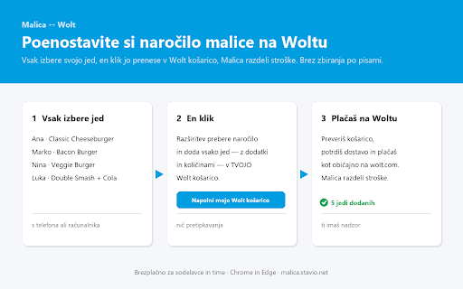 Malica ↔ Wolt :: Malica: ekipa skupaj naroči kosilo prek Wolta. Z enim klikom napolni tvojo Wolt košarico, Malica razdeli stroške.