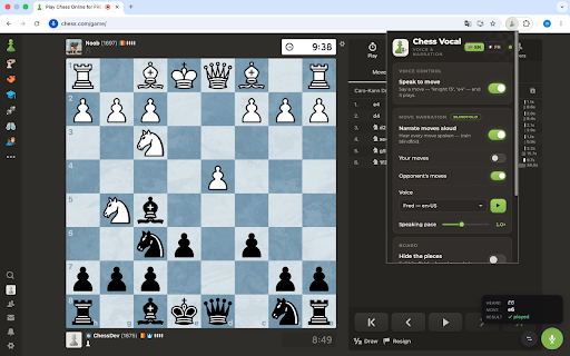 Chess Vocal & Narration - Chess.com :: Speak moves to play them, hear every move narrated aloud. Voice control + blindfold trainer for chess.com.