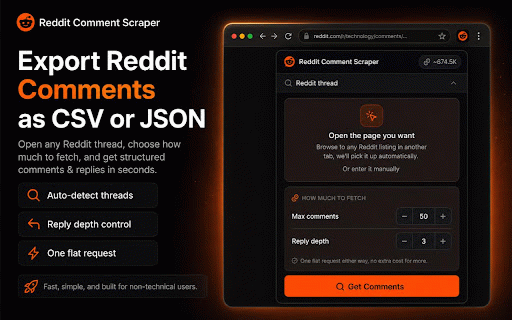 Reddit Comments Scraper - CSV & JSON :: Grab every comment and reply from any Reddit thread and export them to CSV or JSON. Powered by the FetchLayer API.