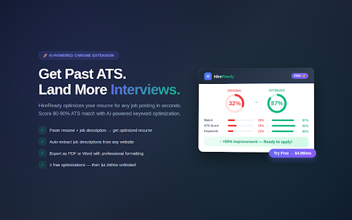 HireReady - AI Resume Diagnostic & Optimizer :: AI resume optimizer — tailor your resume to any job in 60 seconds. ATS scoring, gap analysis, PDF export. Truth-Lock™.