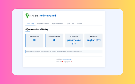 Profdil Kelime Takibi :: Sözlük sitelerinde bakılan kelimeleri takip eder, metin seçimlerini kaydetmeye olanak tanır ve öğrenme istatistikleri sunar.