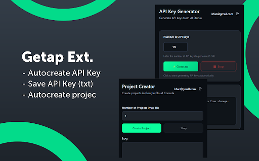 Getap - API Key & GCP Project Automator :: Sidepanel untuk generate API key (AI Studio) & auto create project (Google Cloud Console).