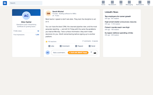 SMART Reply for LinkedIn :: Draft LinkedIn posts and comments grounded in your SMART Reply tone profile, without leaving LinkedIn.