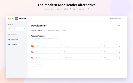 xHeader - Modify HTTP headers :: A modern ModHeader alternative for modifying request headers and response headers with profiles, filters, tab targeting, and sync.