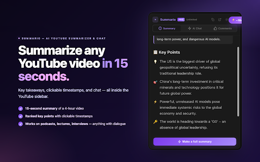 Summario: AI YouTube Summarizer & Chat :: Summarize any YouTube video with AI. Get key takeaways, timestamps, and chat — save hours of watch time.