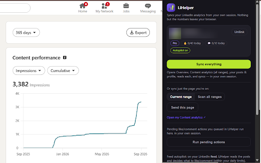 LiHelper Connector :: Syncs your LinkedIn analytics to LiHelper from your own browser session. No password or cookie ever leaves your browser.