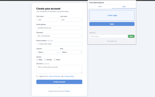 Form Data Injector :: Inject test data into web forms via JSON. For developers and QA engineers.