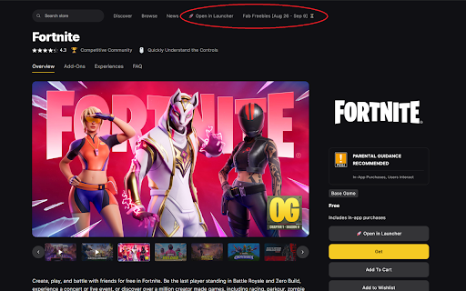 Open in Epic Games Launcher :: Adds buttons to the Epic Games Store to open pages in the launcher and see Fab freebies.