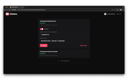 GitMarks :: BaC: Bookmarks as Code. Keep your Chrome bookmarks in sync with GitHub. One-way sync from your repos to your browser.