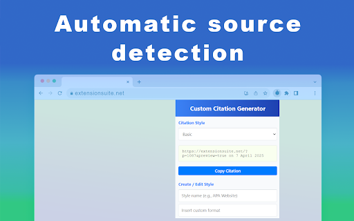Custom Citation Generator :: Create APA, MLA, Harvard custom citations with auto source detection, formatting, & bibliography export for academic papers.