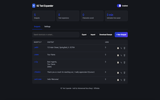 92 Text Expander :: Type shortcuts like ;addr or ;sig and instantly expand them into full text. Pause any snippet with one click. Fast & private.