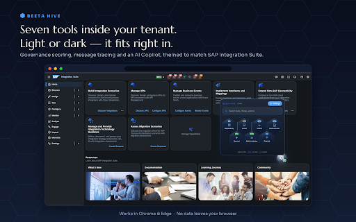 Beeta Hive for SAP BTP Integration Suite :: Browser-native assistant for SAP BTP Integration Suite: lint, document and govern your integration flows. Privacy-first, BYOK AI.