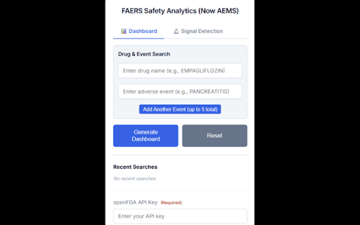 FAERS Safety Analytics (Now AEMS) :: Explore FAERS data with interactive case-report dashboards and bulk statistical signal detection for pharmacovigilance workflows.