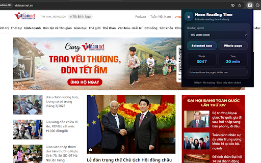 Neon Reading Time :: Estimate reading time for selected text or the current page.