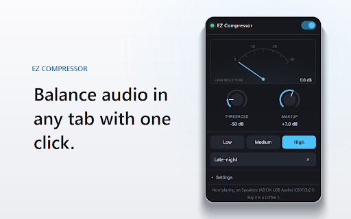 EZ Compressor - Volume Normalizer :: Balance and normalize audio in any tab. Bring up quiet voices, tame loud spikes. A simple volume leveler with one-click presets.
