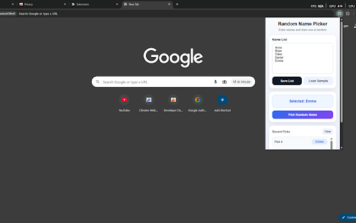 Random Name Picker Mini :: A simple extension that randomly picks one name from a custom list.
