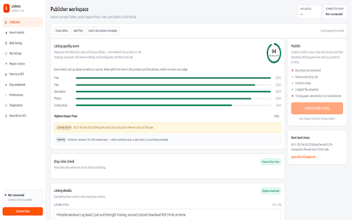 SellerHQ: Etsy Studio & Bulk Publisher :: SellerHQ master suite for Etsy: Bulk publish draft listings, audit against Etsy rules, score SEO, and translate tags.