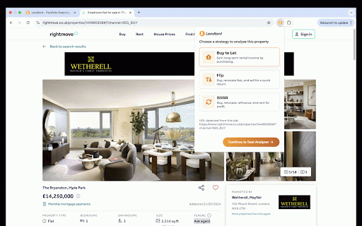 Lendlord Deal Analyser :: Open the Lendlord Deal Analyser directly from property listings on Rightmove, OnTheMarket, and Zoopla.