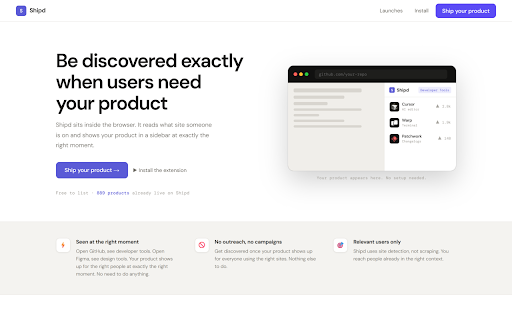 Shipd :: Be discovered exactly when users need your product. Shipd shows your product in a sidebar at exactly the right moment.