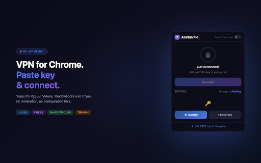 AzurkaVPN :: Replaces Hiddify, Outline, happ, v2rayNG, v2rayTUN. Paste VLESS, VMess, Shadowsocks or Trojan key and connect — no app needed.