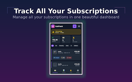 SubTrack Pro - Subscription Manager :: Track subscriptions, get reminders, compare prices across regions. Never miss a payment or trial ending again!