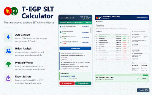 T-EGP SLT Calculator :: Calculates e-GP SLT tender results and exports professional PDF/JPEG reports for eprocure.gov.bd.