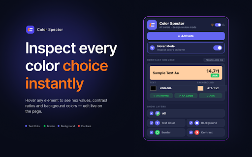 Color Spector :: Inspect colors, hex values and contrast ratios on any webpage — color-coded overlays, WCAG accessibility checks, no DevTools needed.