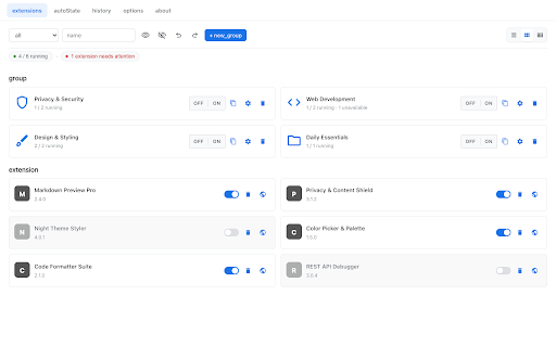 Extension Drawer: Extension Manager & Organizer :: Organize, group, enable and disable extensions, with AutoState rules, history and local backup.