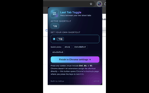 Last Tab Toggle :: Instantly toggle between your current tab and your last active tab with a keyboard shortcut. Fast, private, and lightweight.