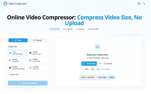 Video Compressor - Compress Video for Free :: Compress video files right in your browser sidebar. For Discord, WhatsApp, Email. Fast, free, 100% private.