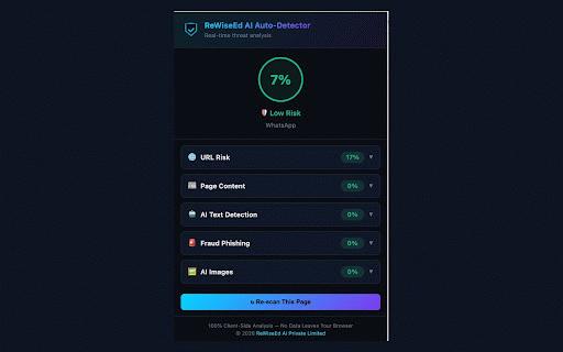 ReWiseEd AI Auto-Detector :: Auto-detect fake news, AI content, phishing & scams on every page. 100% client-side, no data collected.
