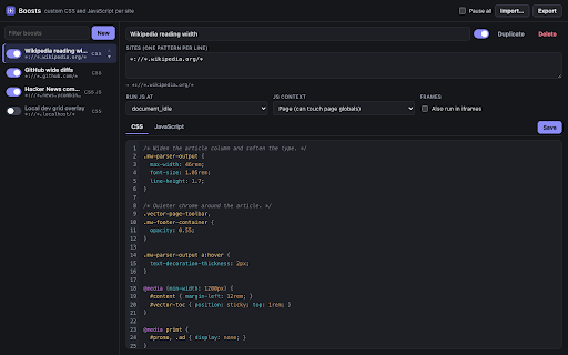 Boosts :: Per-site CSS and JavaScript. Write a snippet once, pick the sites it belongs to.
