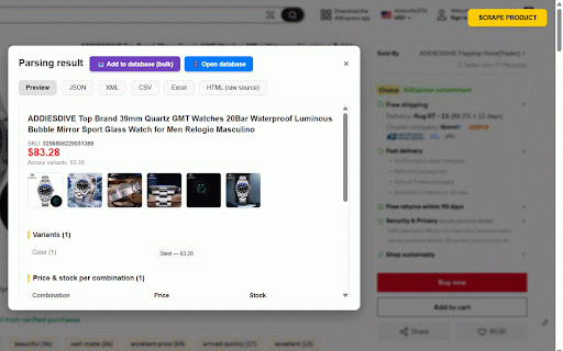 AliExpress Scraper :: AliExpress web scraper for dropshipping: export product title, images, specs and per-SKU price & stock to JSON, XML, CSV or Excel.