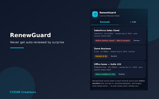 RenewGuard — Contract Renewal Tracker :: Track every contract's renewal date and cancellation notice window. The toolbar badge counts what needs action this week.