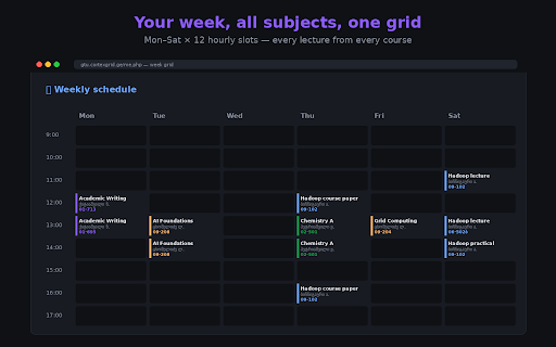 GTU ცხრილი — Personal Schedule :: Personal weekly class schedule for GTU students. Combines your vici.gtu.ge courses with the public leqtori schedule.