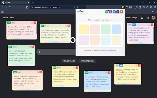 JotSpot :: Your spot to jot notes on any website. Persistent, draggable sticky notes anchored to specific pages or entire domains.