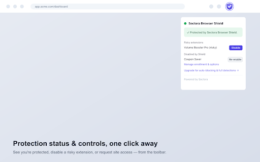Sectora Browser Shield :: Managed browser security by Sectora — extension risk, phishing, and data-theft protection.