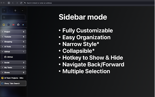 Sharp Tabs - Best Vertical Tabs Suspender & Organizer! :: Instant Search. Advanced Suspend. AI Integrations. Auto Session Backups. Duplicates. Workspaces. Themes. and Much More!